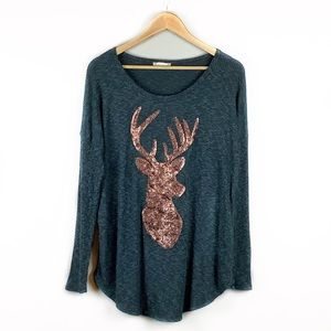 Altar'd State Ribbed Sequin Deer Tunic Top Size Medium